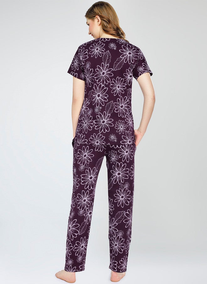 Zeyo Round Neck Short Sleeves Printed Pure Cotton Night Suit - Image 4