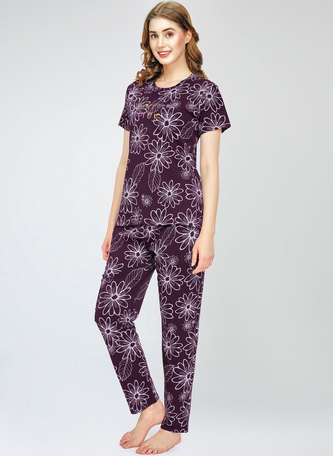 Zeyo Round Neck Short Sleeves Printed Pure Cotton Night Suit - Image 3