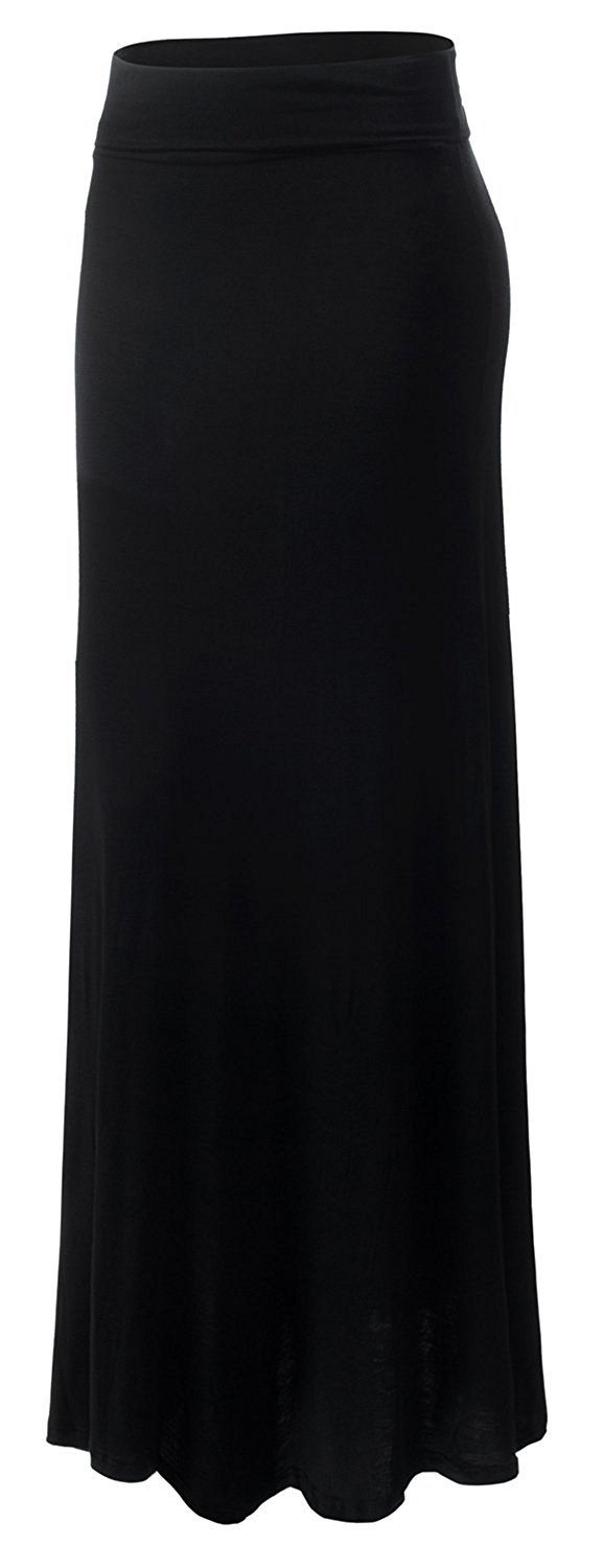 URBAN K Womens Basic Foldable High Waist Regular and Plus Size Maxi Skirts Black - Image 4