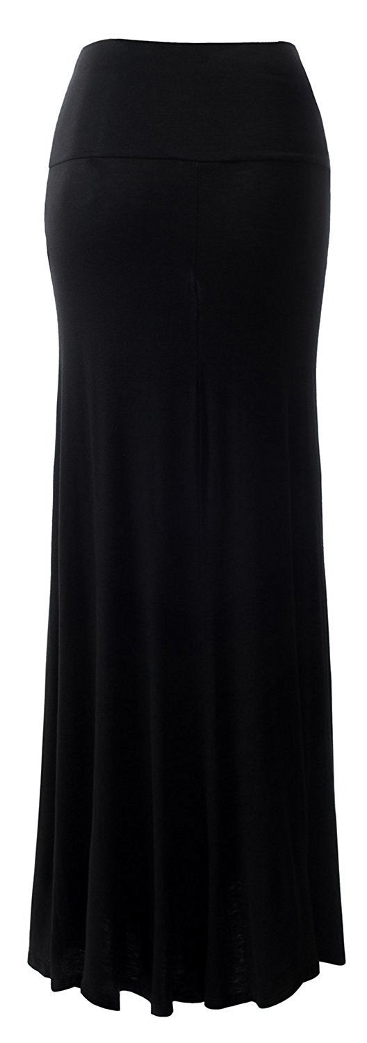 URBAN K Womens Basic Foldable High Waist Regular and Plus Size Maxi Skirts Black - Image 5