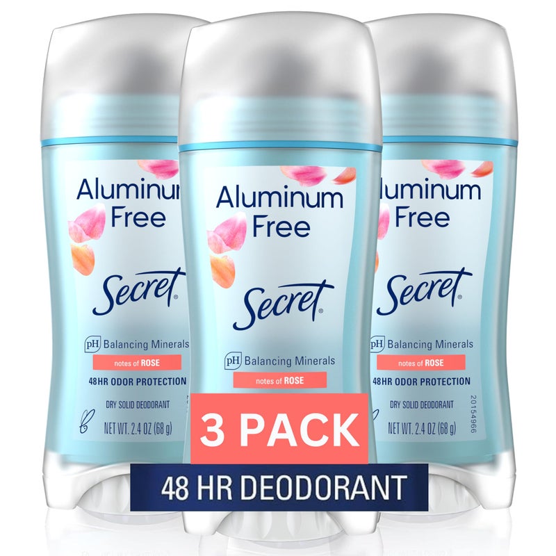 Secret Aluminum Free Deodorant for Women 48hr Odor Protection Free of Parabens Dyes Talc Baking Soda PH Balancing Minerals Dry Solid Rose Scent 24 oz Pack Of 3