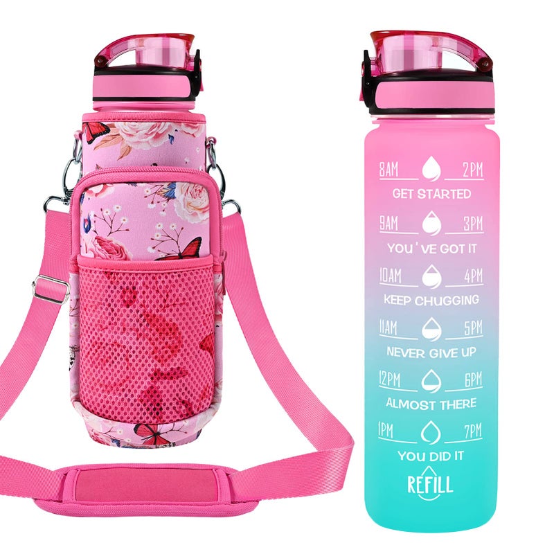 Newfad 32 oz Water Bottles with Straw & Strap, Motivational Water Bottles with Times to Drink, BPA Free Reusable Sports Water Bottle with Sleeve Carrier for Gym, Workout or Fitness (Butterfly in Love) - Image 1