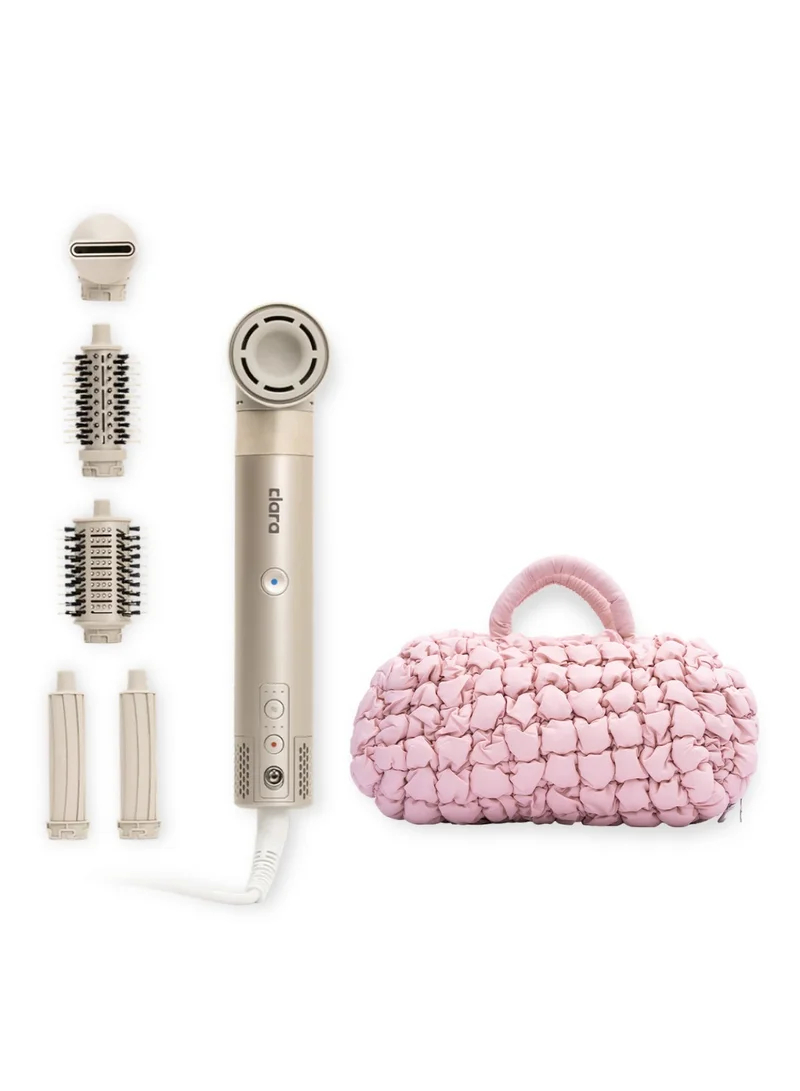 كلارا The All-in-One Gold Styling Bundle – CLARA Gold 6-in-1 Ionic Multi Styler with Auto-Wrap Curlers, Blow Dryer, Round & Oval Brushes & Pink Quilted Hair Tool Storage Bag