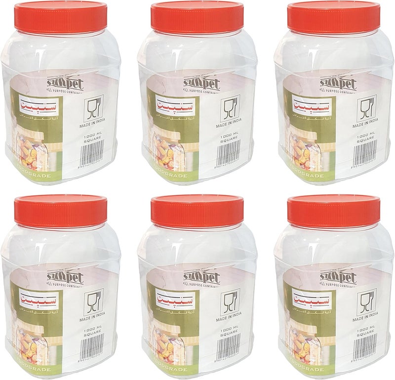 1000ml Rectangle Plastic Food Storage Canisters, Red, Pack of 6