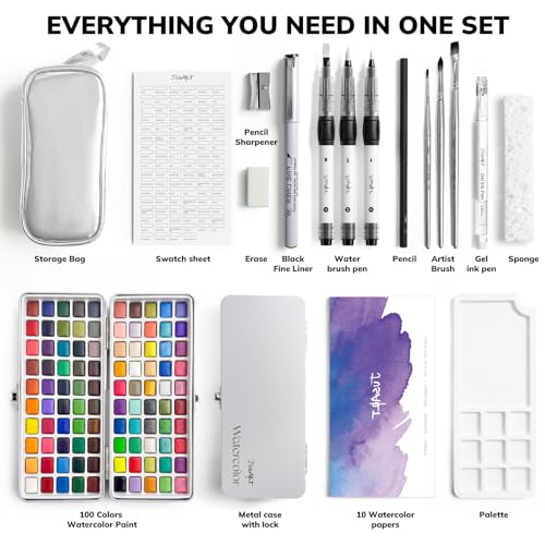 JusArt 100 Colors Watercolor Paint Set,Travel Watercolor Set with Handbag,Art Supplies with Metallic Color, Detail Painting Brushes, Water Brush Pens, Portable Watercolor Supplies for Adult, Artists, Professionals - Image 2