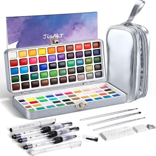 JusArt 100 Colors Watercolor Paint Set,Travel Watercolor Set with Handbag,Art Supplies with Metallic Color, Detail Painting Brushes, Water Brush Pens, Portable Watercolor Supplies for Adult, Artists, Professionals - Image 1