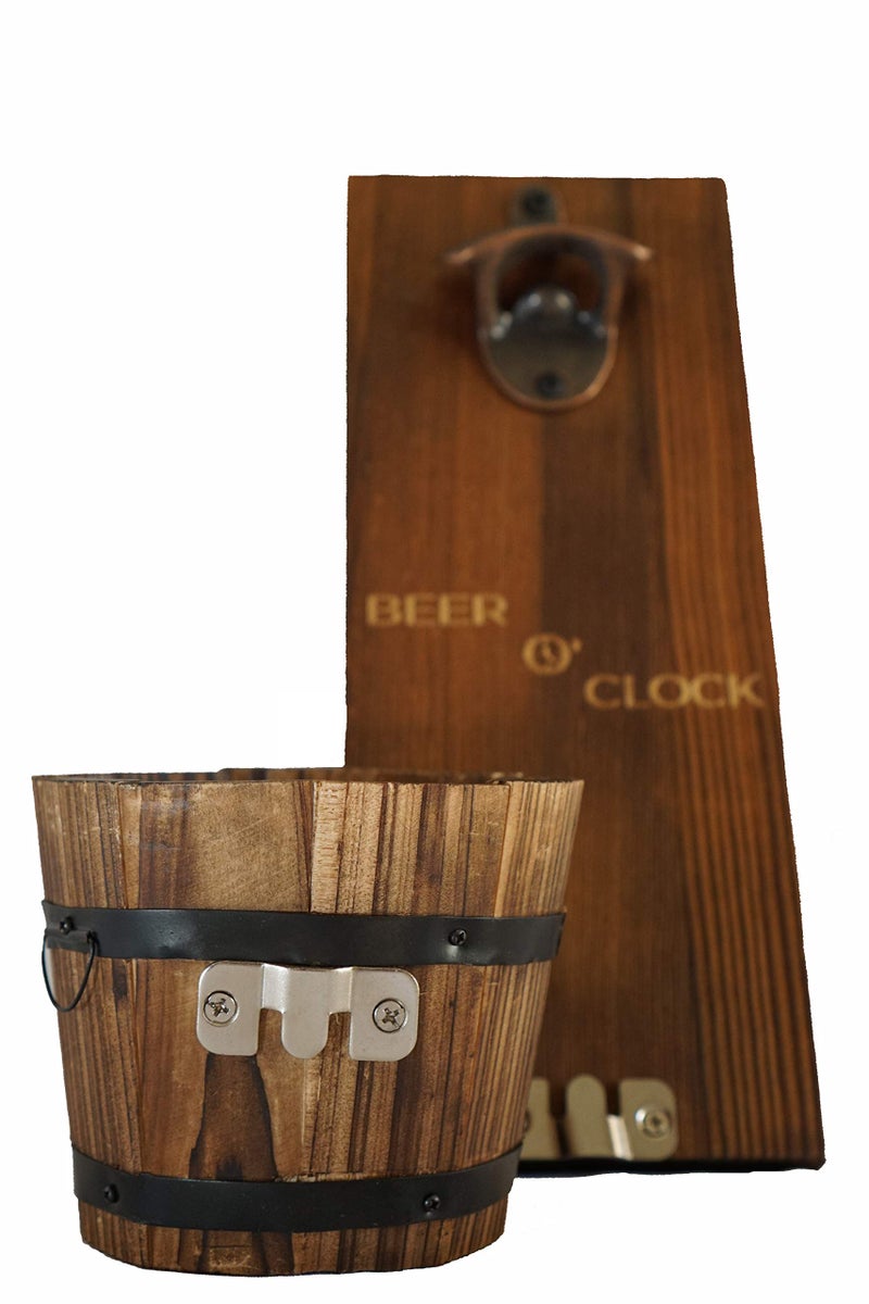 Thirsty Solutions - Beer O Clock  Rustic Wall Mounted Bottle Opener And Catcher - Dark Stain Pine With Zinc Alloy Opener - Removable Wooden Bucket - Man (Or Woman) Cave Ready - Image 3