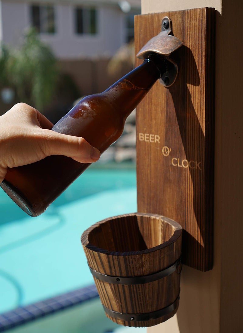 Thirsty Solutions - Beer O Clock  Rustic Wall Mounted Bottle Opener And Catcher - Dark Stain Pine With Zinc Alloy Opener - Removable Wooden Bucket - Man (Or Woman) Cave Ready - Image 2