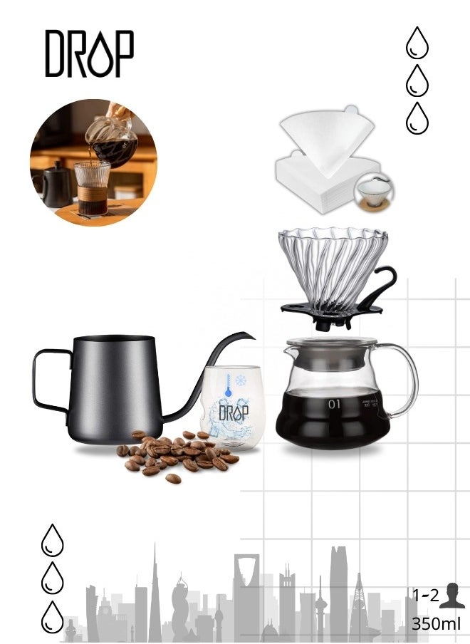 V60 Drip Set - 5-Piece Drip Coffee Maker Set | Includes Server, Dripper, 100 Paper Filters, Glass, 350ml Long Nose Kettle - Perfect for Iced Coffee & Pour Over Brewing - pzsku/Z6C2F69B4E415CE99CFDAZ/45/_/1729945907/1886c0cf-d973-47b8-b6a4-5cefa270cf35