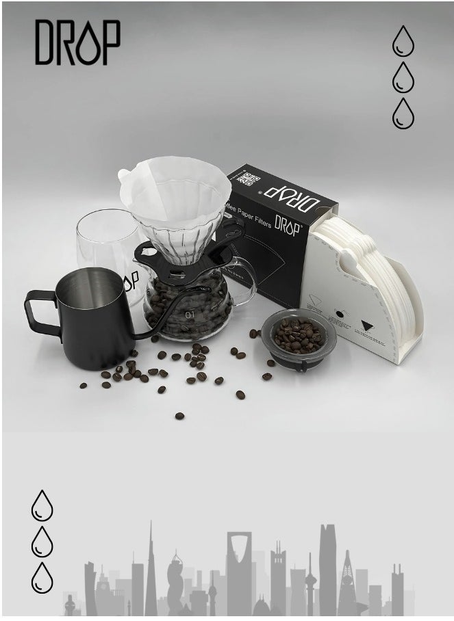 V60 Drip Set - 5-Piece Drip Coffee Maker Set | Includes Server, Dripper, 100 Paper Filters, Glass, 350ml Long Nose Kettle - Perfect for Iced Coffee & Pour Over Brewing - pzsku/Z6C2F69B4E415CE99CFDAZ/45/_/1729945968/71f9accd-b806-4599-8379-538263d105f0