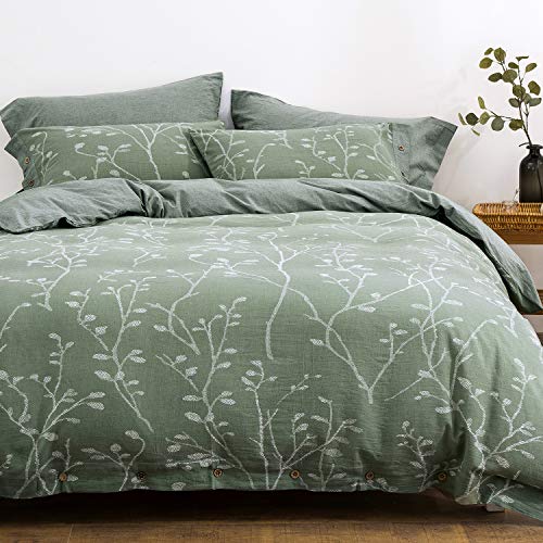 OREISE Duvet Cover Set King Size Washed Cotton Yarn, Jacquard Green and White Thick Branch Pattern Floral Style 3Piece Bedding Set - Image 2