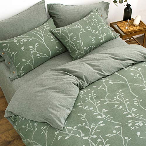 OREISE Duvet Cover Set King Size Washed Cotton Yarn, Jacquard Green and White Thick Branch Pattern Floral Style 3Piece Bedding Set - Image 4