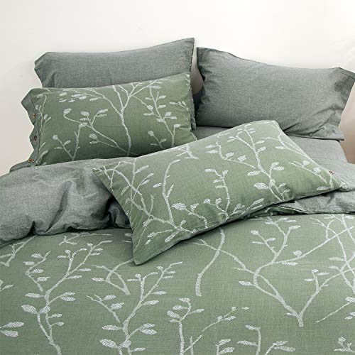 OREISE Duvet Cover Set King Size Washed Cotton Yarn, Jacquard Green and White Thick Branch Pattern Floral Style 3Piece Bedding Set - Image 3