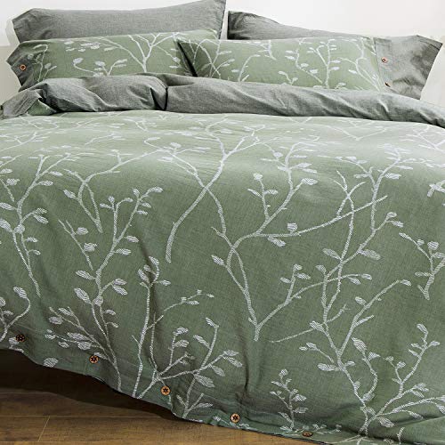 OREISE Duvet Cover Set King Size Washed Cotton Yarn, Jacquard Green and White Thick Branch Pattern Floral Style 3Piece Bedding Set - Image 5