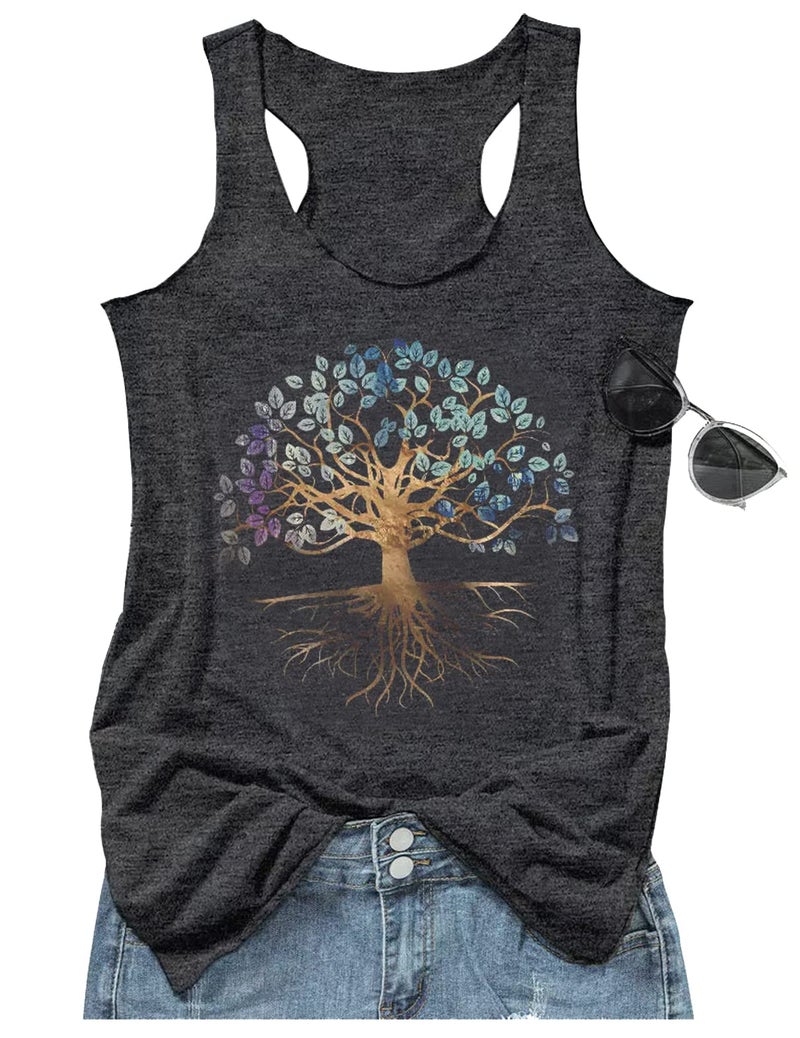 CHUNTIANRAN Racerback Tank Tops for Women 2025 Tree of Life Tops Camp Shirts Summer Trendy Graphic Camisole Outfits Yoga Basic Tops(Tree Of Life 3-Grey,Small) - Image 3