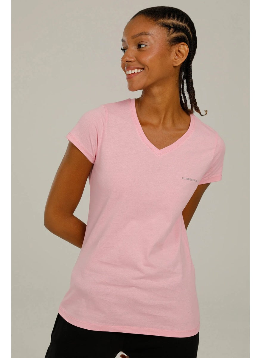 LUMBERJACK - V-Neck Regular Fit Pink Women's T-Shirt 2SCT1323FX - Image 1