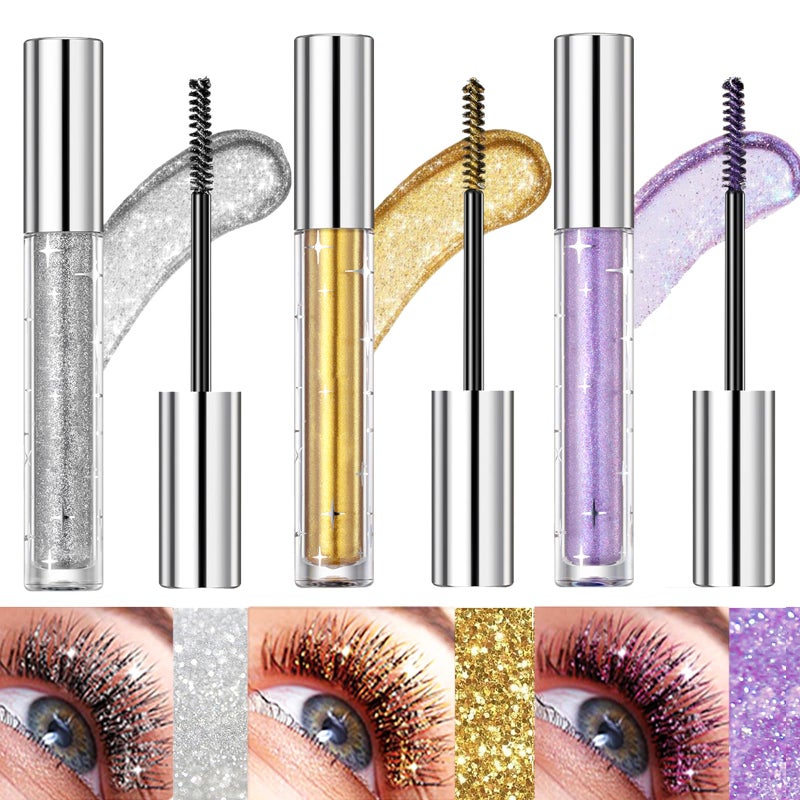 Bekoeen 3PCS Sparkling Diamonds Mascara, Waterproof Shining Colorful Lashes for Eyelashes, Long Lasting Lengthening Volumizing Mascara for Party Wedding - Image 1