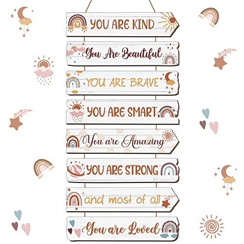 Qunclay Inspirational Girl Room Decor Aesthetic Art Wall Hanging Sign Inspiring Colorful Rainbow Wooden Decoration for Kids Teens Toddler Boy Baby Bedroom Nursery Dorm Decor, 6-12 Years old (Boho) - Image 1