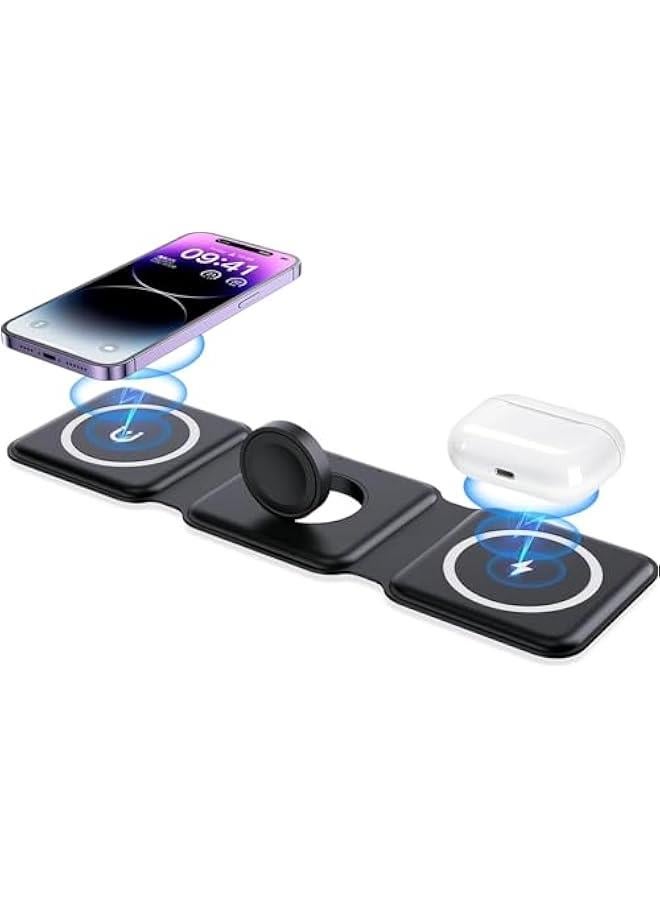 HOOKOR 3 in 1 Wireless Charger, Mag-safe Charger, Magnetic Foldable Travel Charger, Wireless Fast Charging Station for iPhone15/14/13/Air Pods 3/2/Apple iWatch Series Ultra2/S2-S9 (Black)  - Image 1