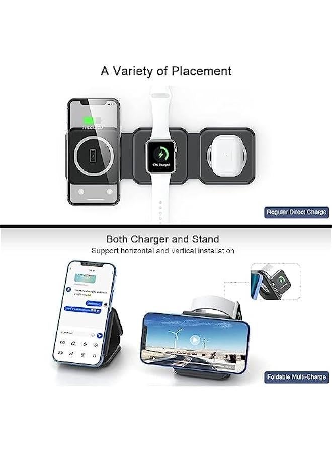 HOOKOR 3 in 1 Wireless Charger, Mag-safe Charger, Magnetic Foldable Travel Charger, Wireless Fast Charging Station for iPhone15/14/13/Air Pods 3/2/Apple iWatch Series Ultra2/S2-S9 (Black)  - Image 4