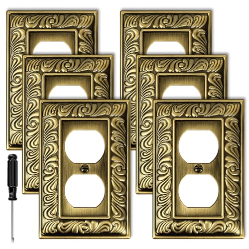 Ranweydi Antique Brass Duplex Outlet Cover Paisley Pattern Decorative Wall Plates for Electrical Outlet Metal Switch Plates and Receptacle Cover for Kitchen Bathroom 1 Gang Duplex Outlet6 Pack - Image 1