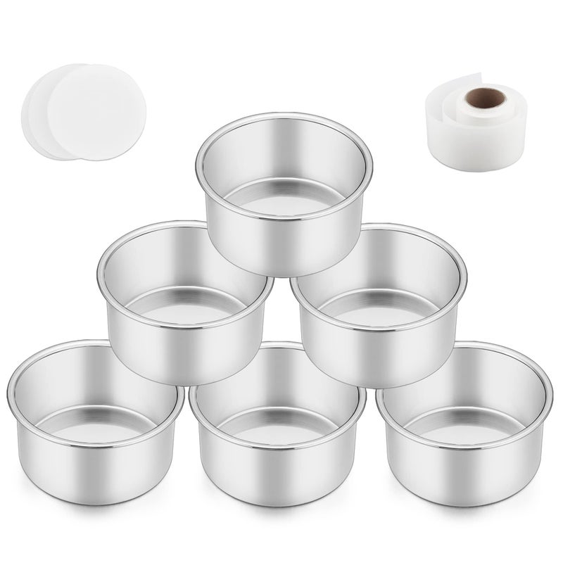 TeamFar TeamFar 4 Inch Cake Pans 6 PCS Stainless Steel Small Round Cake Pan with Side Liner Roll NonToxic  Sturdy NonStick  HeatResistant Dishwasher Safe
