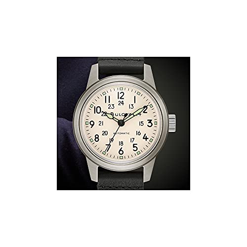 Bulova ساعة بولوفا للرجال من مجموعة التراث العسكري، ستانلس ستيل 3 يد أوتوماتيكية، حزام جلد ناتو، عقارب وعلامات مضيئة، جلد أسود/قرص عاجي - Image 5