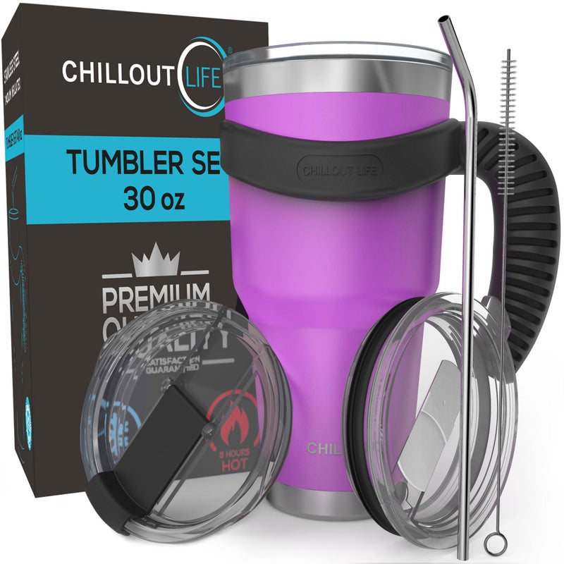 CHILLOUT LIFE Stainless Steel Travel Mug with Handle 30 oz - 6 Piece Set. Tumbler with Handle  Straw  Cleaning Brush & 2 Lids. Double Wall Insulated Large Coffee Mug Bundle - Purple Powder Coated Tumbler - Image 1