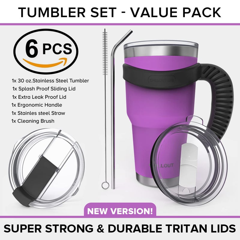 CHILLOUT LIFE Stainless Steel Travel Mug with Handle 30 oz - 6 Piece Set. Tumbler with Handle  Straw  Cleaning Brush & 2 Lids. Double Wall Insulated Large Coffee Mug Bundle - Purple Powder Coated Tumbler - Image 2