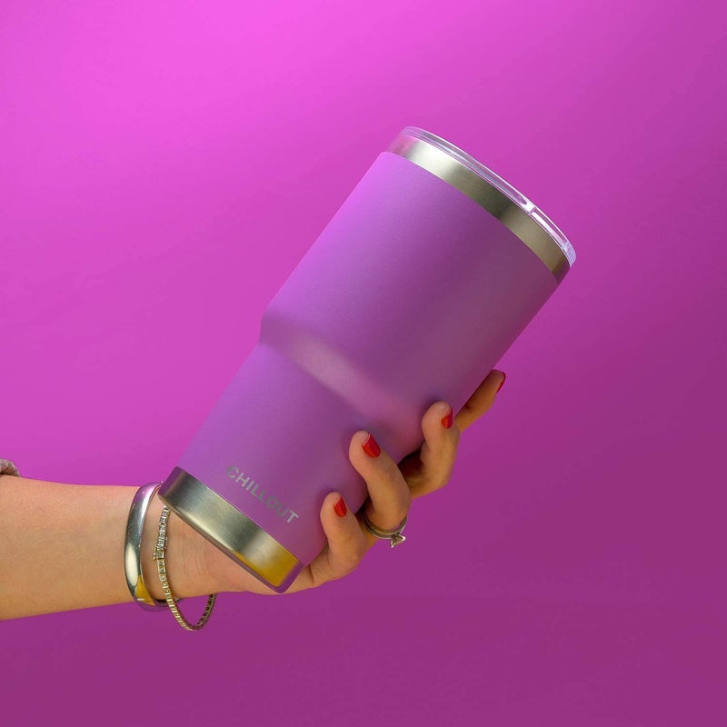 CHILLOUT LIFE Stainless Steel Travel Mug with Handle 30 oz - 6 Piece Set. Tumbler with Handle  Straw  Cleaning Brush & 2 Lids. Double Wall Insulated Large Coffee Mug Bundle - Purple Powder Coated Tumbler - Image 3