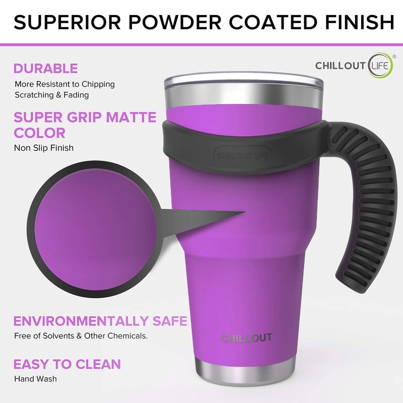 CHILLOUT LIFE Stainless Steel Travel Mug with Handle 30 oz - 6 Piece Set. Tumbler with Handle  Straw  Cleaning Brush & 2 Lids. Double Wall Insulated Large Coffee Mug Bundle - Purple Powder Coated Tumbler - Image 5