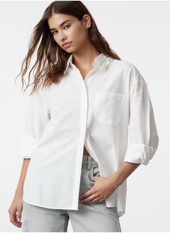 Oversize Wide Fit Shirt with Stripe Stone Detail on Ecru Collar TWOAW25GO00026