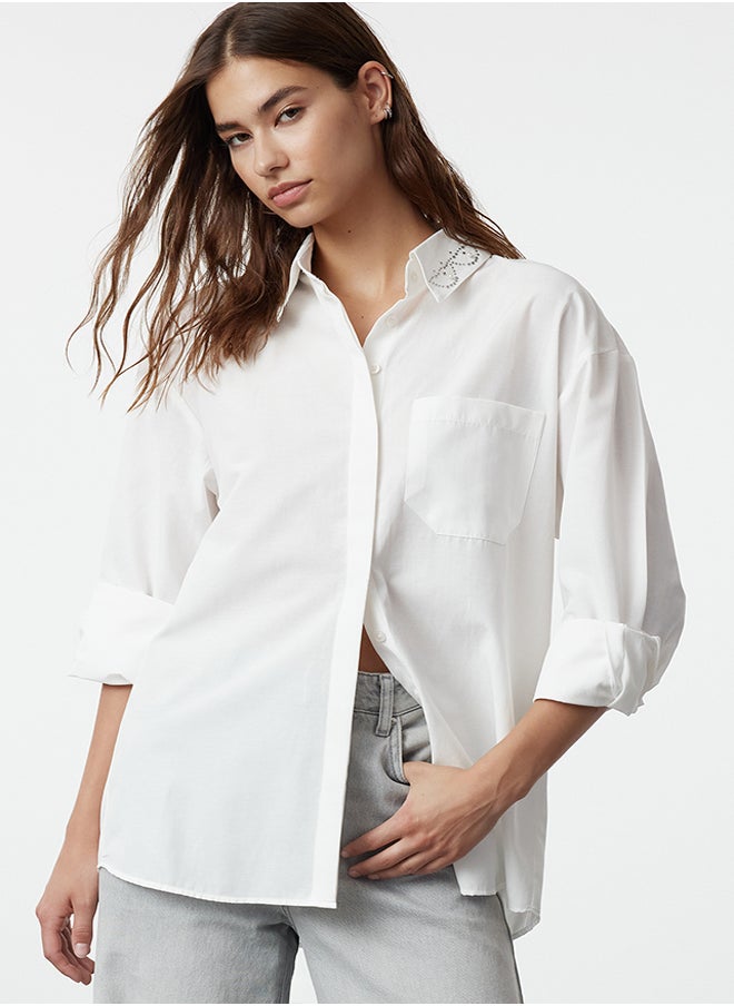 trendyol - Oversize Wide Fit Shirt with Stripe Stone Detail on Ecru Collar TWOAW25GO00026 - Image 1