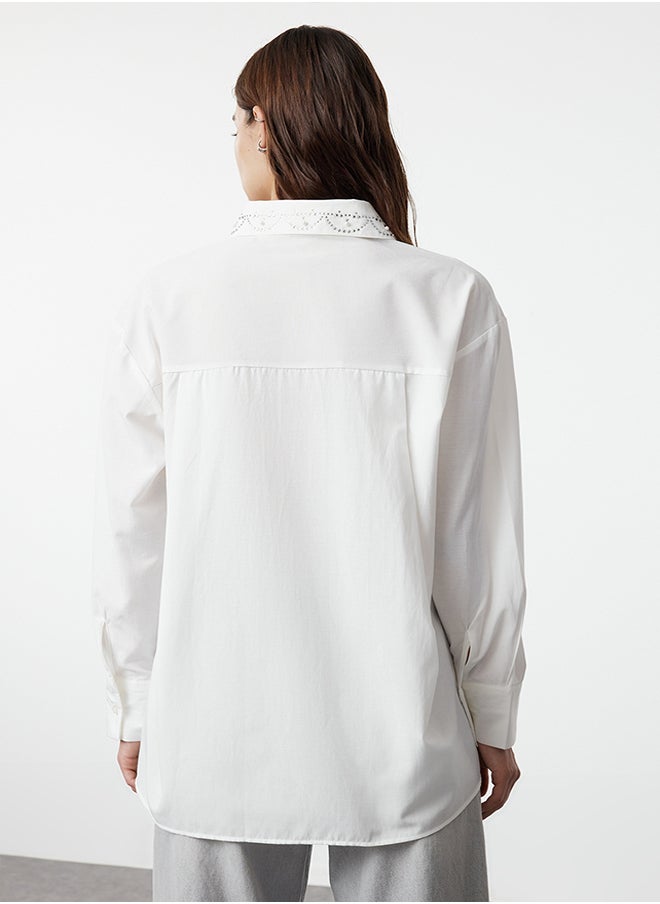 trendyol - Oversize Wide Fit Shirt with Stripe Stone Detail on Ecru Collar TWOAW25GO00026 - Image 1