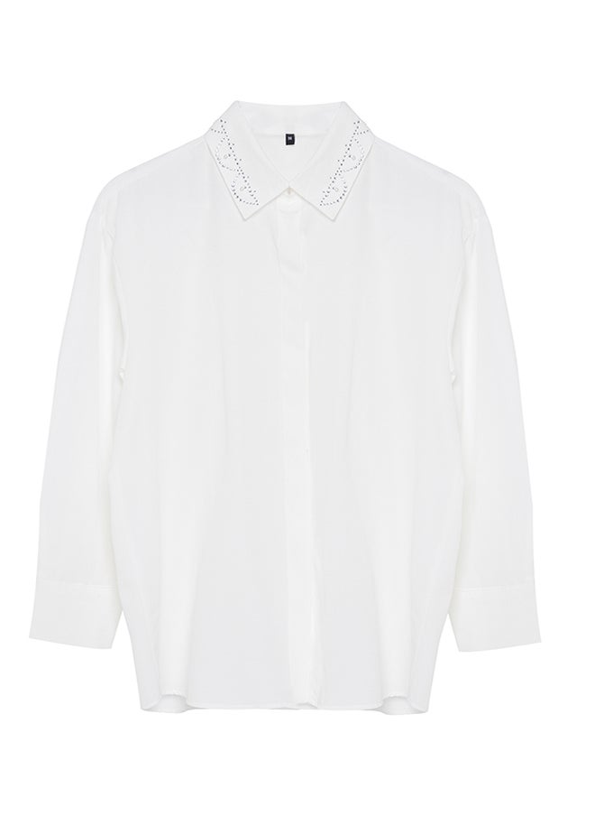 trendyol - Oversize Wide Fit Shirt with Stripe Stone Detail on Ecru Collar TWOAW25GO00026 - Image 1