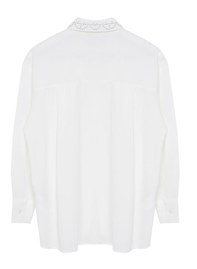 trendyol - Oversize Wide Fit Shirt with Stripe Stone Detail on Ecru Collar TWOAW25GO00026 - Image 1