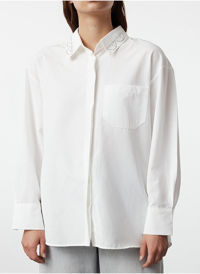 trendyol - Oversize Wide Fit Shirt with Stripe Stone Detail on Ecru Collar TWOAW25GO00026 - Image 1