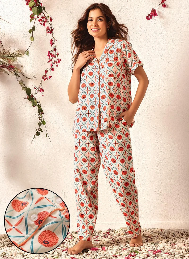 كلوفيا Clovia Printed Button-Down Shirt & Pyjama Set in White - Rayon