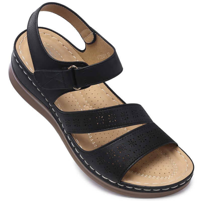 SHIBEVER Women's Wedge Sandals Platform: Comfortable Dressy Arch Support Summer Sandals Open Toe Ankle Strap Walking Women Shoes Black Size 8 - Image 1