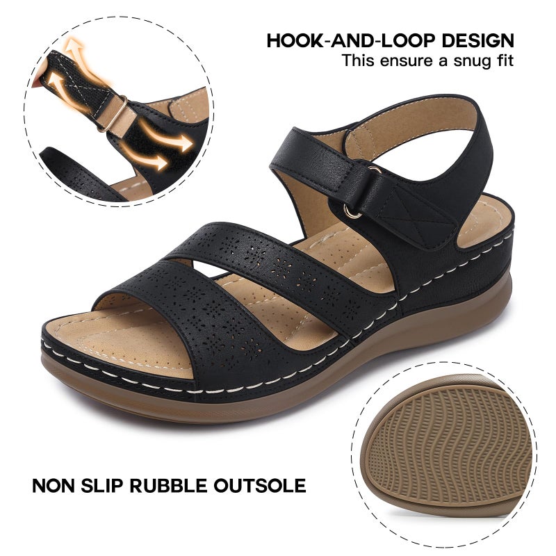 SHIBEVER Women's Wedge Sandals Platform: Comfortable Dressy Arch Support Summer Sandals Open Toe Ankle Strap Walking Women Shoes Black Size 8 - Image 5