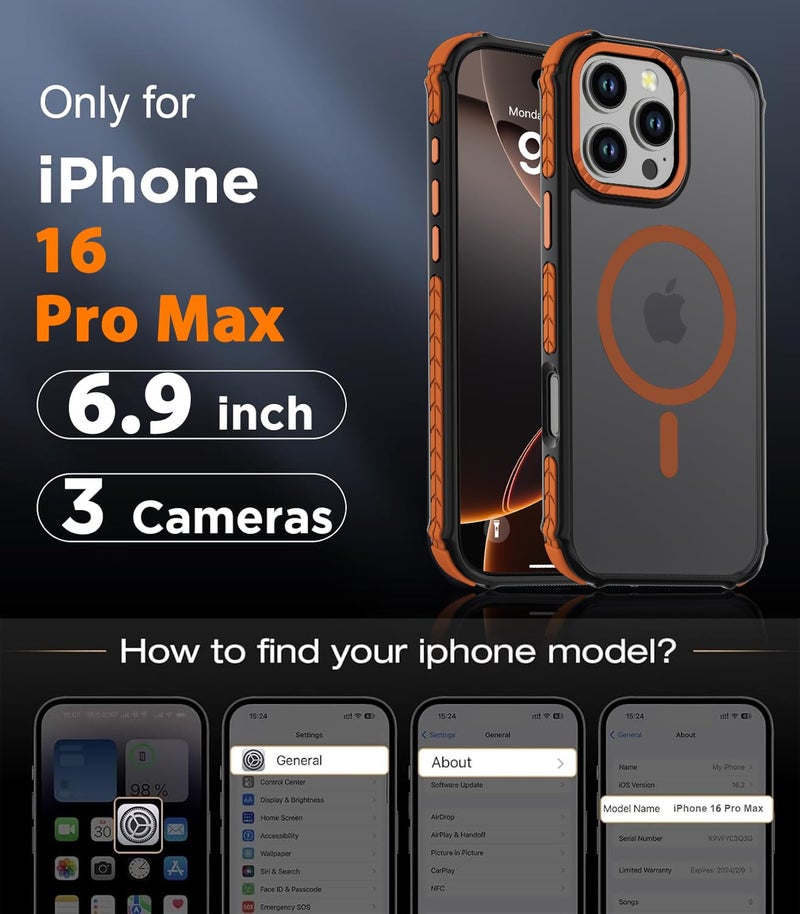 DEERLAMN Strong Magnetic Case for iPhone 16 Pro Max 6.9-Inch,[Compatible with Magsafe][Military Grade Drop Protection] Translucent Matte Shockproof Protective Phone Cover-Frosted Orange - Image 2
