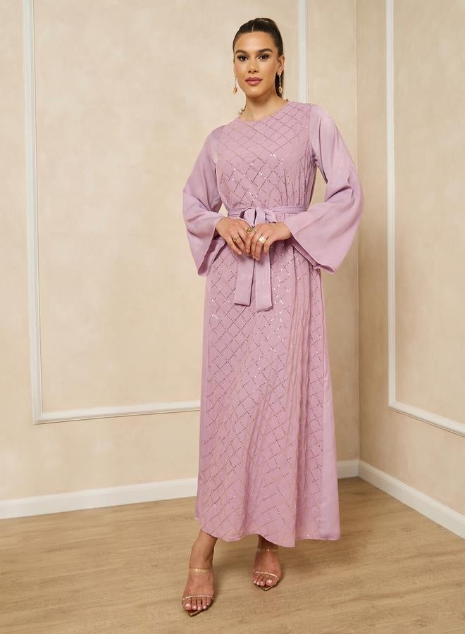 ستايلي جلابية - بياقة مستديرة مزينة بالترتر مع حزام - Image 2