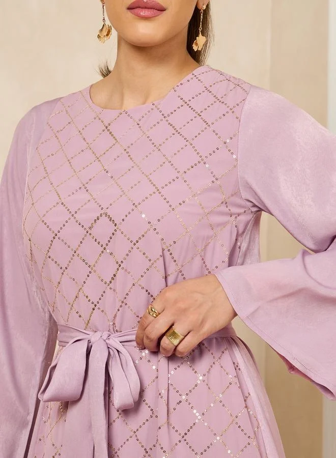 Styli Sequins Embellished Round Neck A-Line Jalabiya with Belt