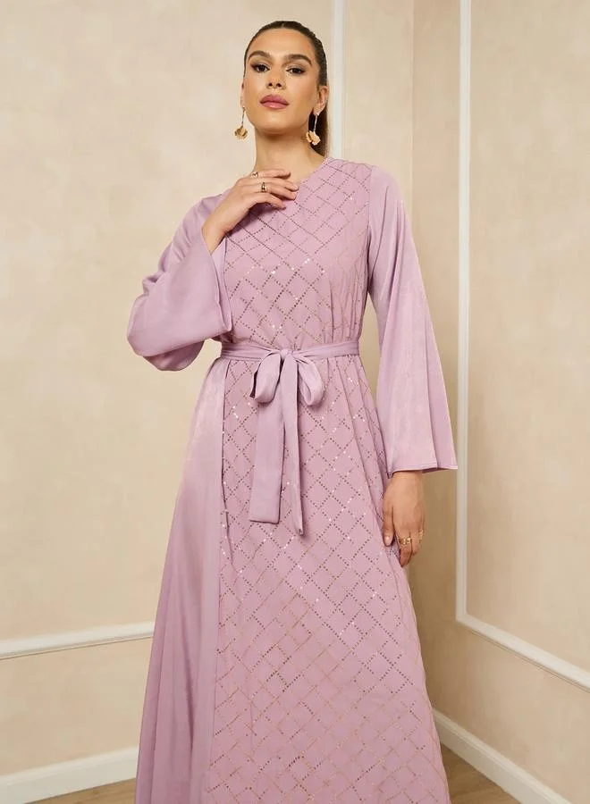 Styli Sequins Embellished Round Neck A-Line Jalabiya with Belt
