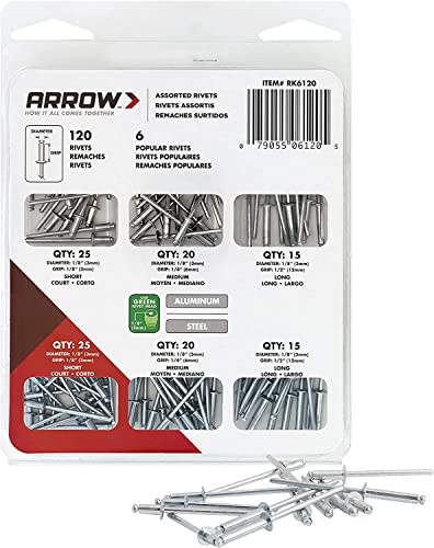Arrow Fastener طقم تجميع مسامير ريفيت من أرو RK6120 للمعادن، القماش، الجلد، وإصلاح السيارات، ألومنيوم وفولاذ، 1/8 بوصة، 120 قطعة - Image 1