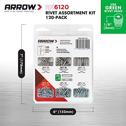 Arrow Fastener طقم تجميع مسامير ريفيت من أرو RK6120 للمعادن، القماش، الجلد، وإصلاح السيارات، ألومنيوم وفولاذ، 1/8 بوصة، 120 قطعة - Image 3