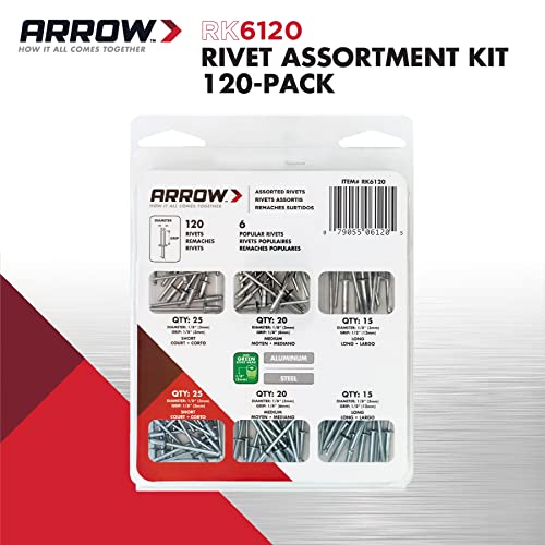 Arrow Fastener طقم تجميع مسامير ريفيت من أرو RK6120 للمعادن، القماش، الجلد، وإصلاح السيارات، ألومنيوم وفولاذ، 1/8 بوصة، 120 قطعة - Image 2
