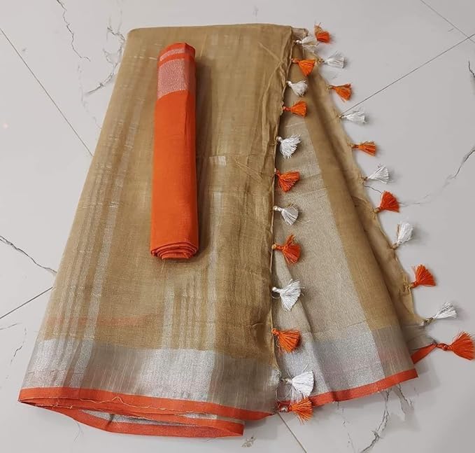 SheenKraft Hadloom Linen Cotton Blend Bhagalpuri Contrast Saree for Women (Buff_Brown-Orange) - Image 2
