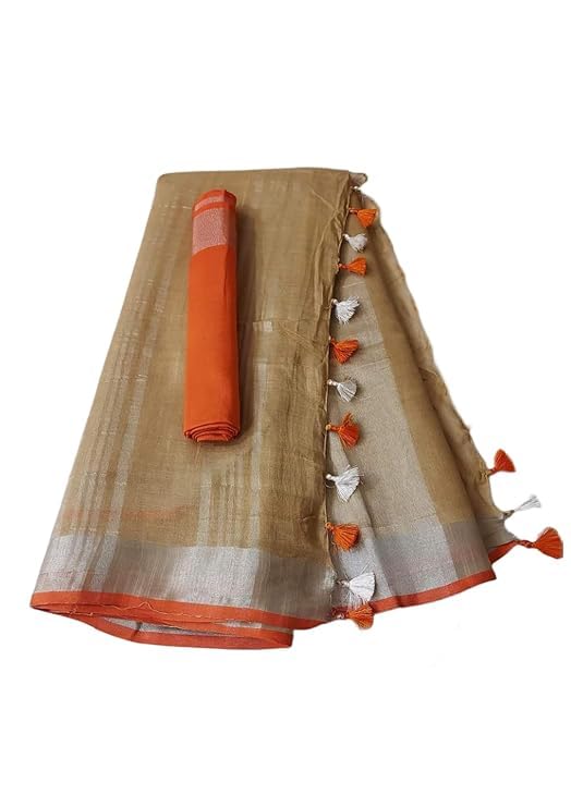 SheenKraft Hadloom Linen Cotton Blend Bhagalpuri Contrast Saree for Women (Buff_Brown-Orange) - Image 4