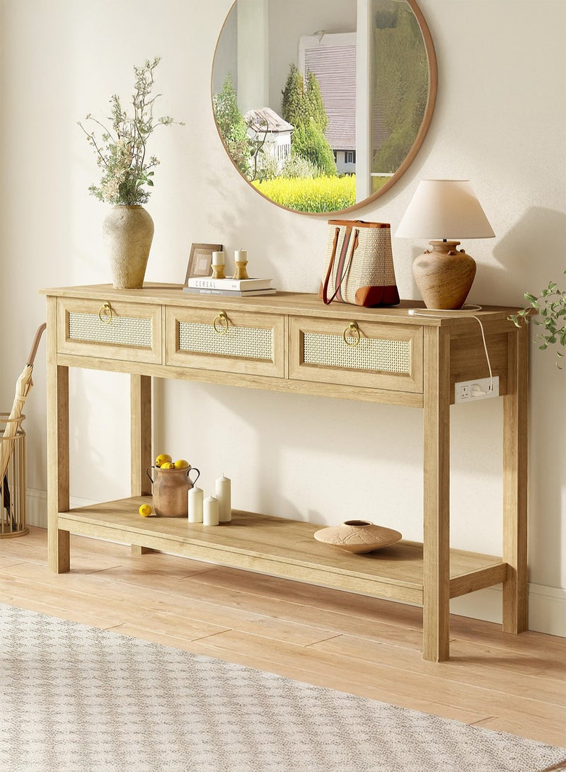 يانارا طاولة كونسول من الروطان بطول 120 سم، مزودة بمقابس كهربائية ومنفذ USB-C، طاولة مدخل بـ 3 أدراج وسطح روطان صناعي، مع رف مفتوح، لتخزين الممرات والردهات خلف الأريكة، بتصميم طبيعي - Image 1